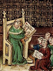 Medieval illustration showing a master teaching scholars