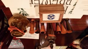 prizes for Royal Brewer - regalia box, wooden cups, and ceramic pitcher